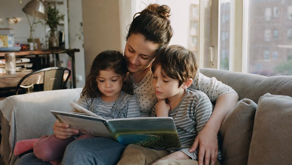 A parent reading on the couch with two children leaning in close
