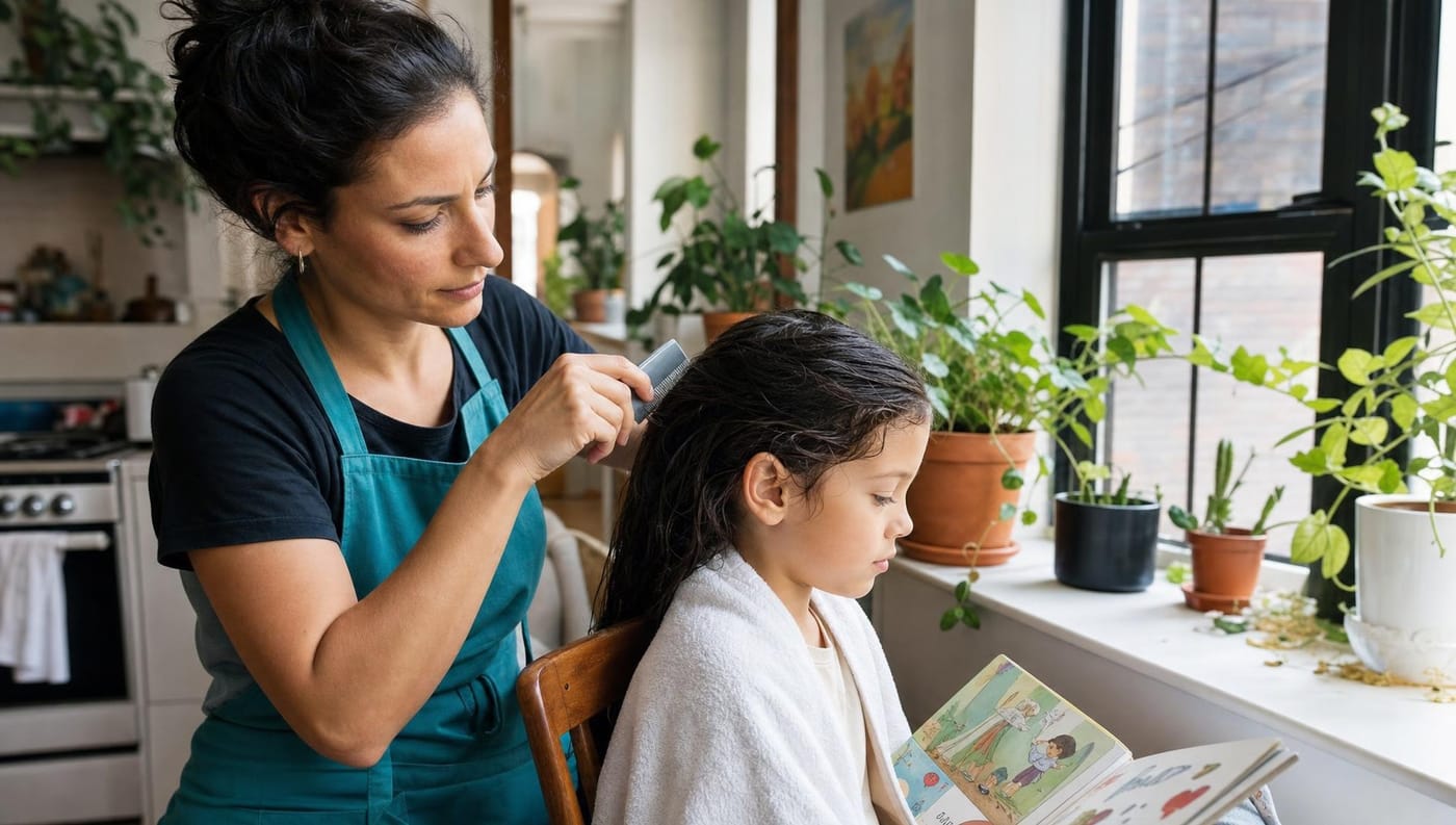 A lice removal specialist combing a child's hair by a bright window