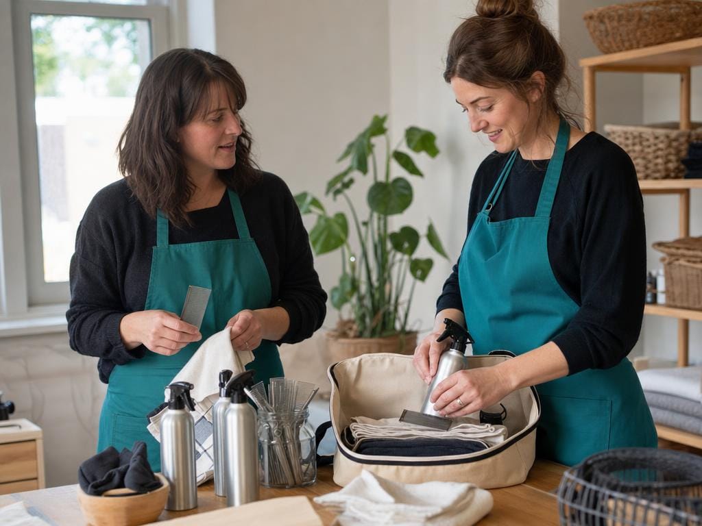 Two of our specialists packing stainless-steel combs and supplies before a home visit