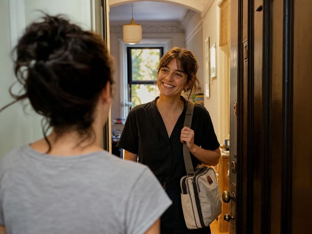 Lice removal specialist greeting a parent at the front door of a brownstone home