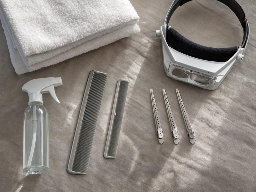 Overhead view of our treatment kit — stainless steel combs, sectioning clips, and bottles laid out before a visit