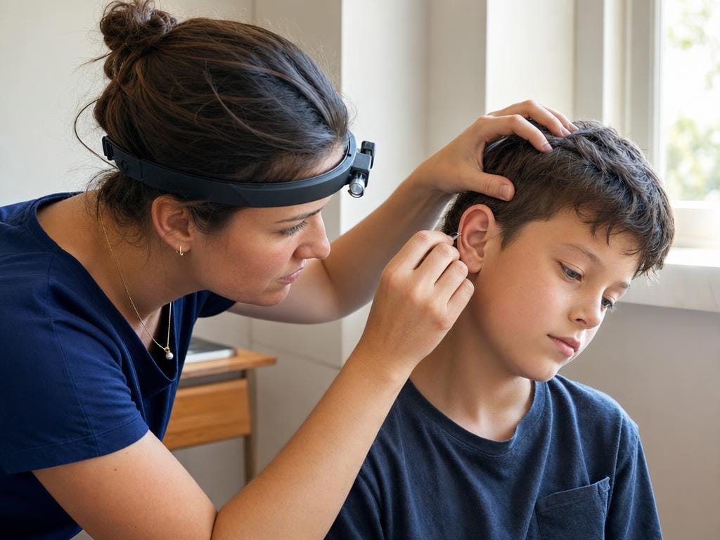 Specialist checking behind a child's ear during an in-home head lice check