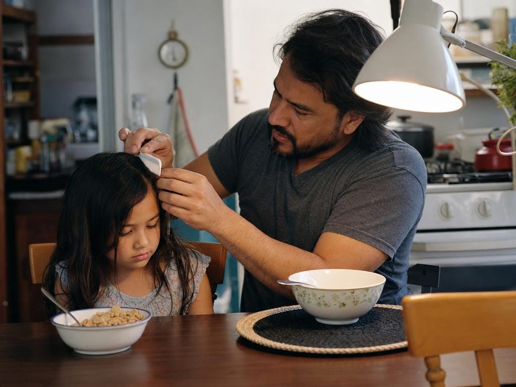 A father checking his daughter's hair with a comb at the kitchen table